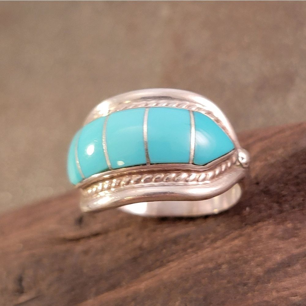 Albert Francisco Sterling Navajo Blue Turquoise Cable Bezel Set Channel Ring - Picture 3 of 9